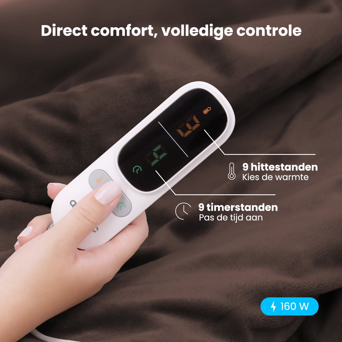 Afbeelding 3 van Auronic Elektrische Deken - Warmtedeken - Sherpa Fleece - 9 Hitte en Timerstanden - Bovendeken - 180x130 - 1 persoons - Bruin