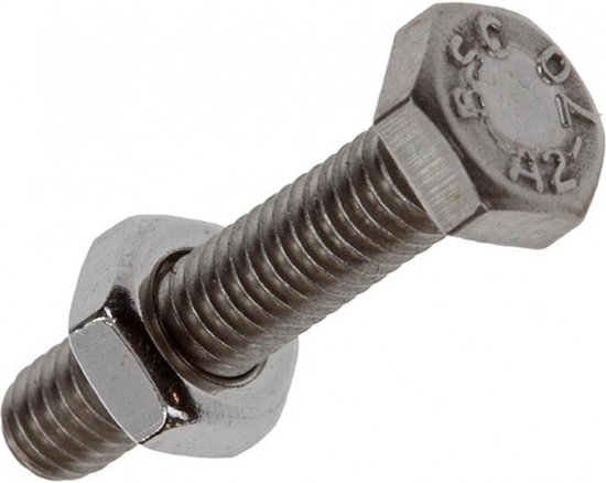 Boulon hexagonal en acier inoxydable M4 x 20 mm avec écrou assorti.