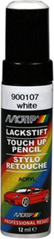 Witte lakstift van Motip, 12 ml, met rode sportwagenillustratie.