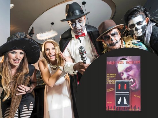 Foto: Vampiertanden halloween met bloedcapsules halloween horror verkleed accessoire hoektanden voor een vampier