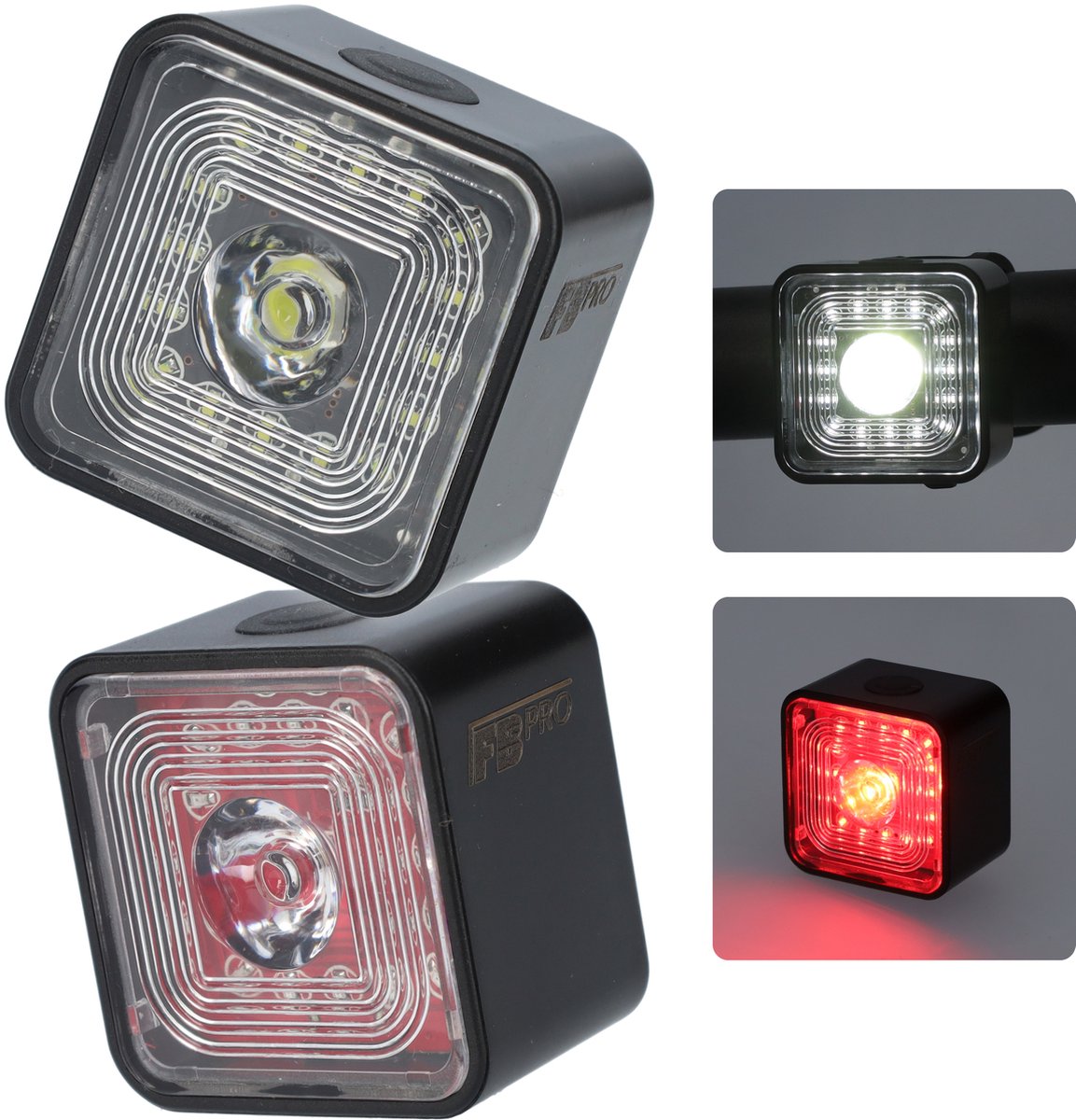 LED fietslampen - Fietslichten - Voor- en achterlicht fiets - Zeer compacte fietslampjes - Met rubberen riemen voor bevestiging - Verschillende standen - Micro USB oplaadbaar - Zwart