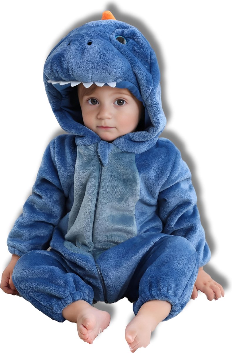 BoefieBoef Dieren Baby Onesie Peuter Pyjama Kinderen 6 maanden tot 2 jaar – Dinosaurus – Verkleedkleding met Luierrits – Carnaval Dierenpak - Kerst en Kraamcadeau - Zacht Flanel - Romper - Boxpak - Jongens - Meisjes - Kruippak - Winterpak - blauw