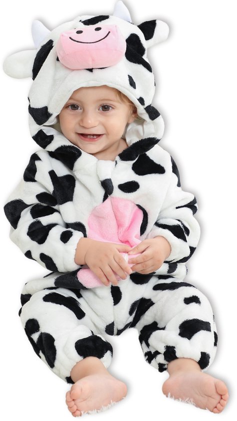 BoefieBoef Dieren Baby Onesie Peuter Pyjama Kinderen 6 maanden tot 2 jaar – Koe – Verkleedkleding met Luierrits – Carnaval Dierenpak - Kerst en Kraamcadeau Tip – Zacht Flanel - Romper - Boxpak - Jongens - Meisjes - Kruippak - Winterpak - Cow - Wit
