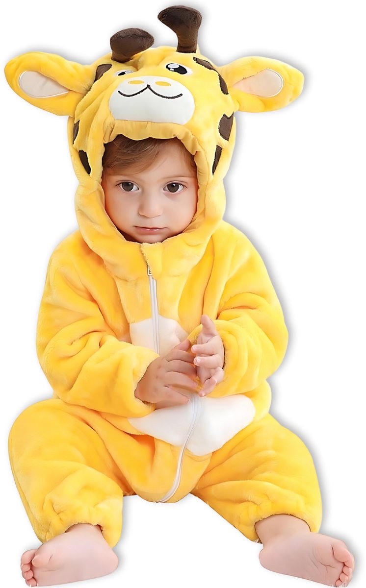 BoefieBoef Dieren Baby Onesie Peuter Pyjama Kinderen 6 maanden tot 2 jaar – Giraffe – Verkleedkleding met Luierrits – Carnaval Dierenpak - Kerst en Kraamcadeau - Zacht Flanel - Romper - Boxpak - Jongens - Meisjes - Kruippak - Winterpak - Geel Bruin — afbeelding 7