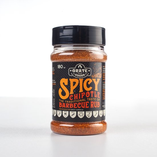 Grate Goods Spicy Chipotle Barbecue Rub 180 gr met zwarte dop.