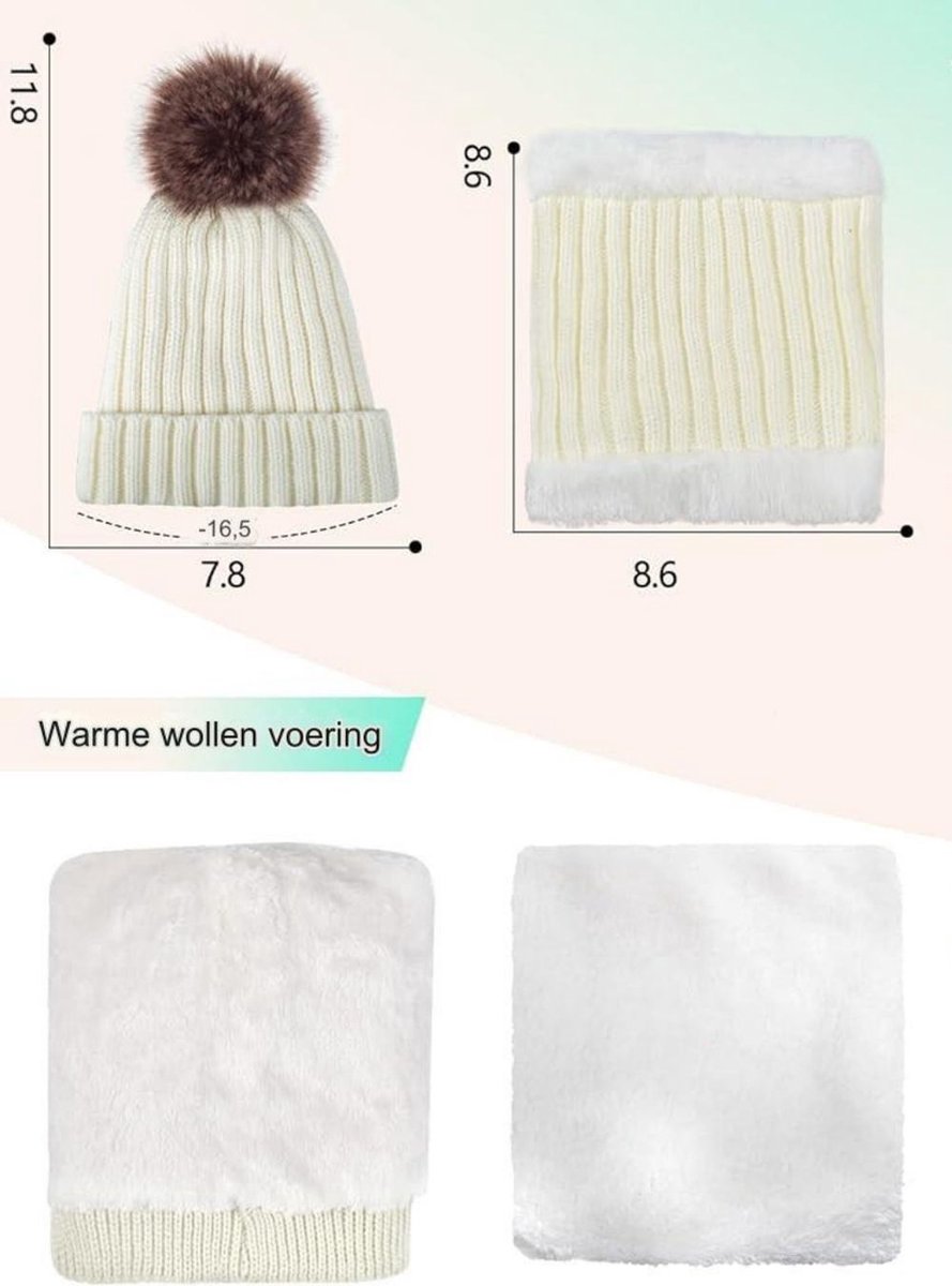 2-delige gebreide muts en sjaal set voor dames - Winter Warme dikke fleece gevoerde muts met sjaalset - Warme gebreide muts en ronde sjaal voor heren - Geschikt voor skimutsen en buitensporten - Wit — cadeau in Mode & Accessoires - foto 2