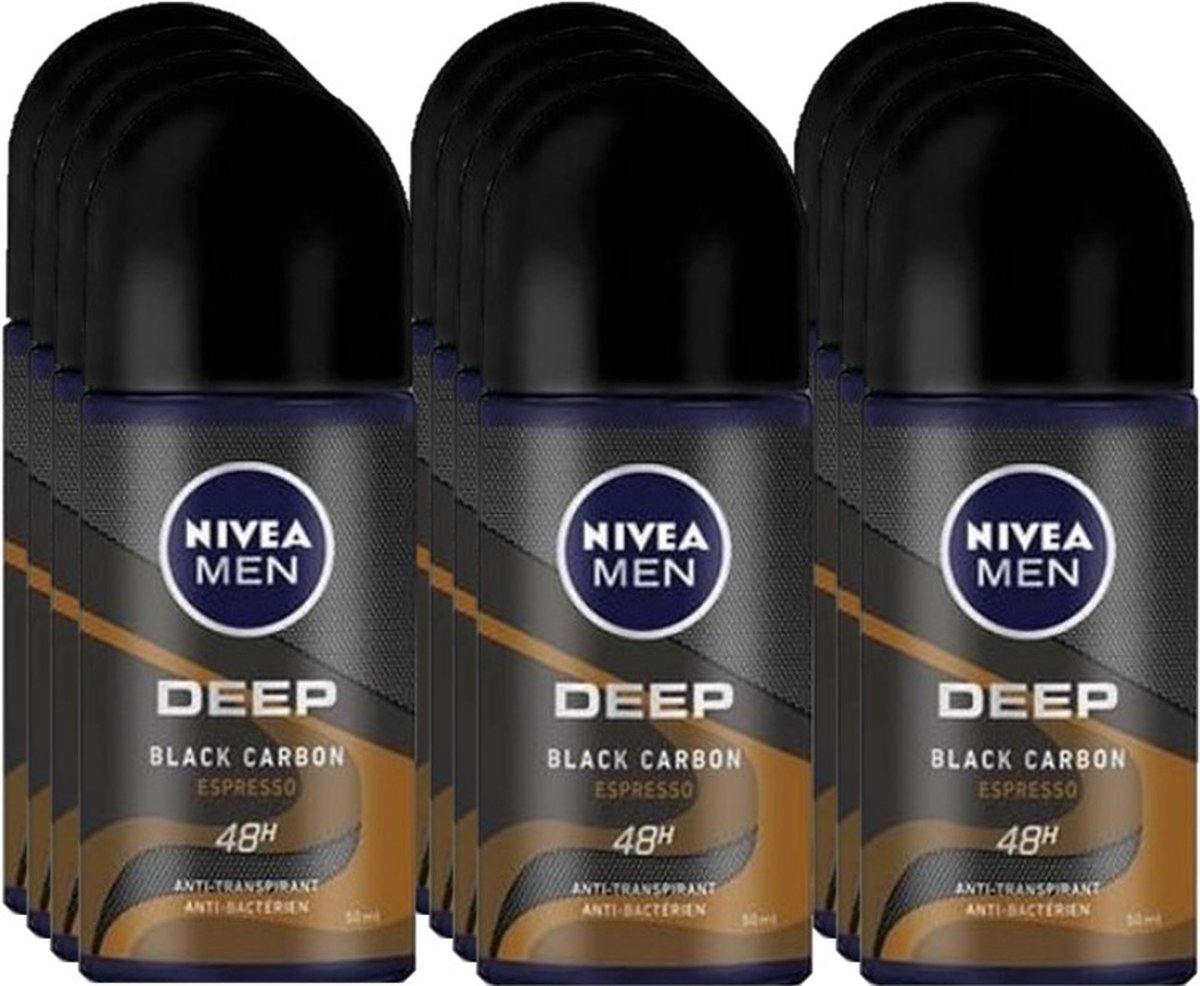Goedkoopste Nivea Deo Roller Men - Deep Black Carbon Espresso - Voordeelverpakking 12 x 50 ml
