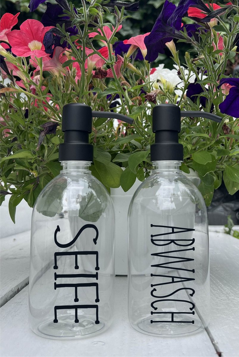 BBBLS® Design Dispenser Giftset "Seife Abwasch" | Transparant Kunststof | 500ml | RVS / Metaal Pomp Zwart | Zeeppomp | Zeepdispenser | Zeephouder