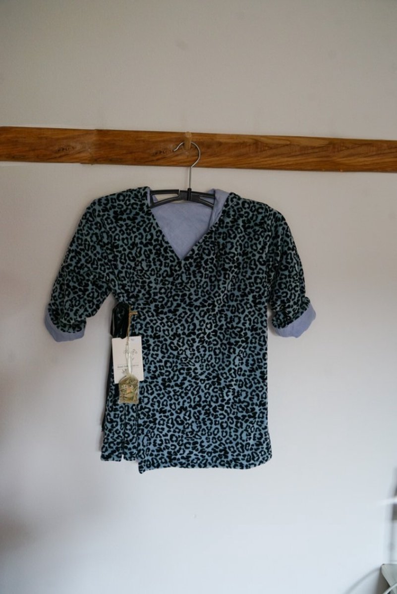 Baby-badjasje-unisex-staalblauw print-maat 80-handgemaakt (Sweet baby Bedstraw)