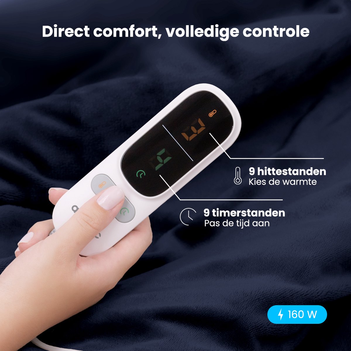 Afbeelding 3 van Auronic Elektrische Deken - Warmtedeken - Sherpa Fleece - 9 Hitte en Timerstanden - Bovendeken - 200x180 - 2 persoons - Blauw