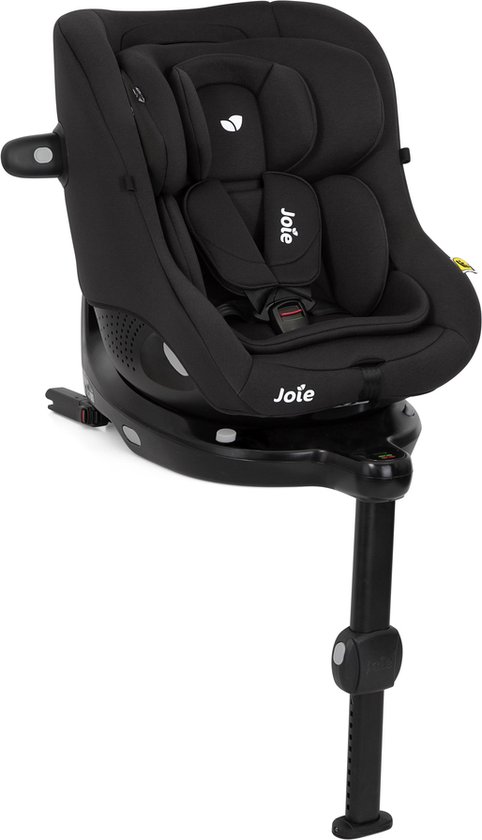 Zwarte Joie i-Pivot autostoel met hoofdsteun, 5-puntsgordel en isofix-voet.