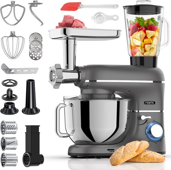 Fentic Keukenmachine – 2000W – Keukenrobot – Foodprocessor - 6,2L Mengkom – Incl. Vleesmolen, Blender en extra Accessoires – Antraciet