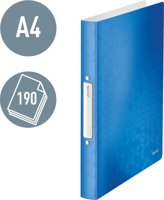 Blauw Leitz ringband met geometrisch patroon en label. A4 formaat voor 190 vel.