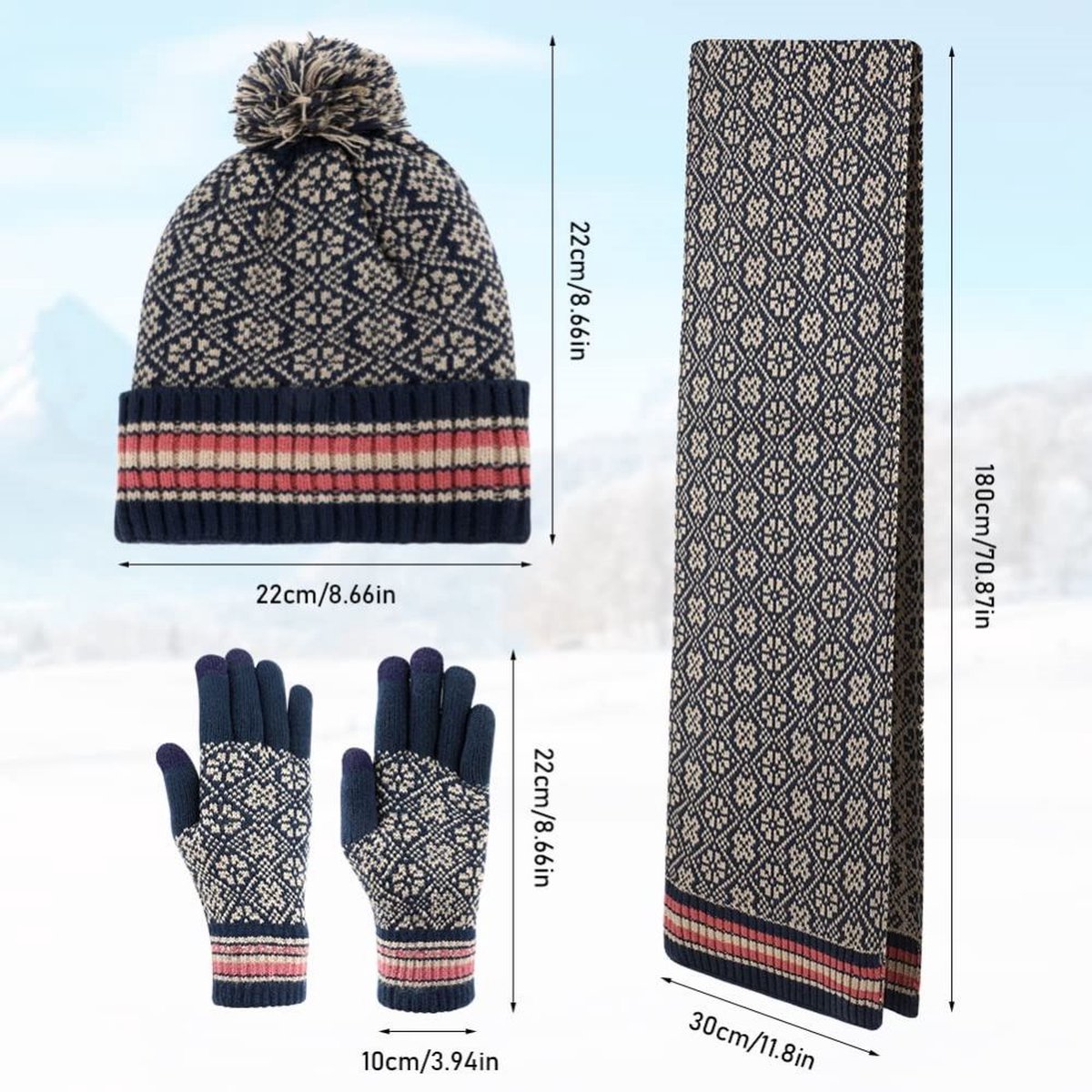 3-delige wintermuts, sjaal en handschoenenset, gebreide muts en sjaalset, dikke thermische pompom muts, handschoenen en sjaalset met touchscreen handschoenen, warm wintercadeau, geschikt voor buitenkleding voor mannen en vrouwen - licht rood — cadeau in Mode & Accessoires - foto 5