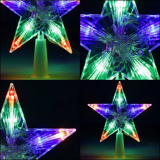 Collage van de sterkerstboom piek met multicolor LED-verlichting.