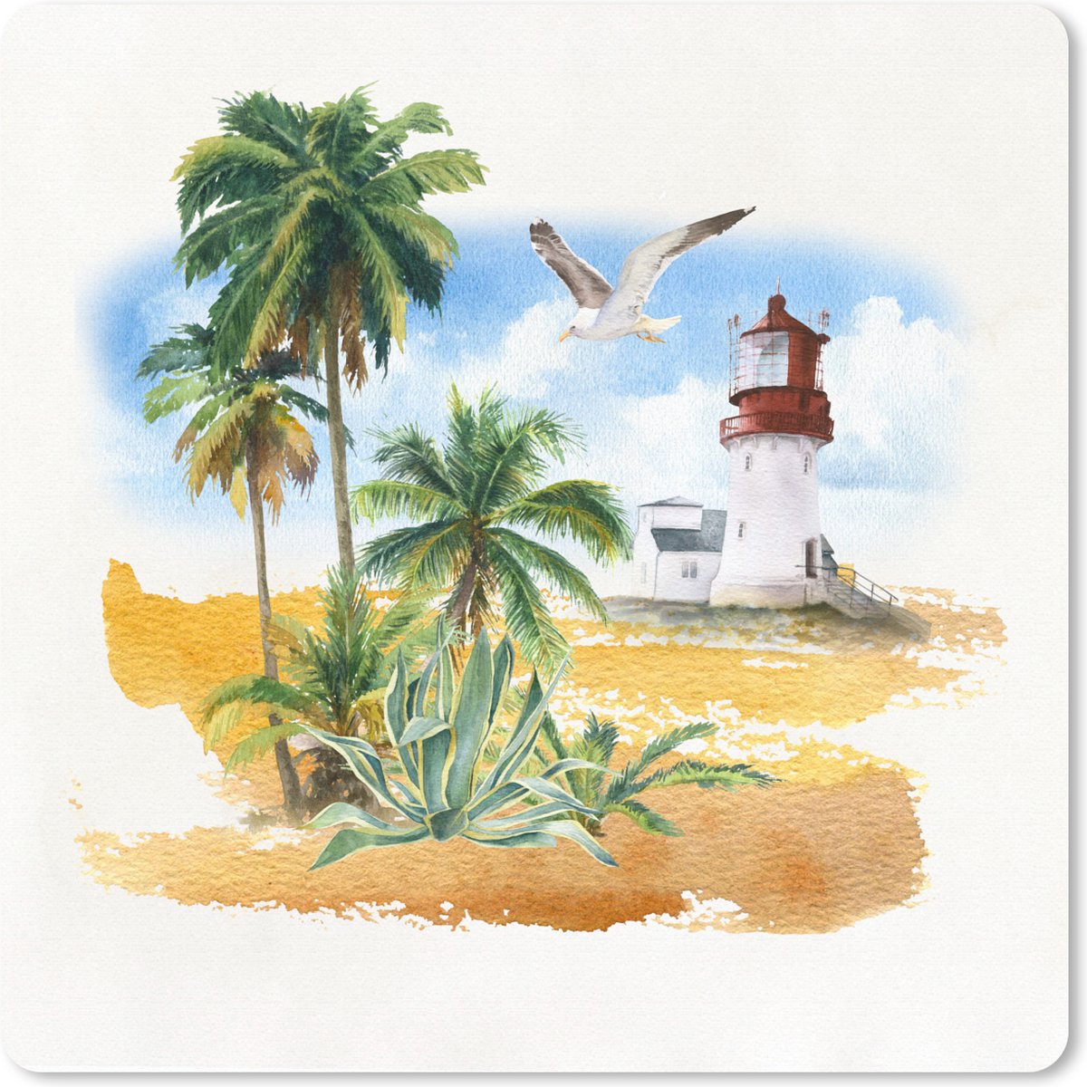 Muismat 20x20 cm - Mousepad Vuurtoren - Palmboom - Vogel - Strand - Muismatten
