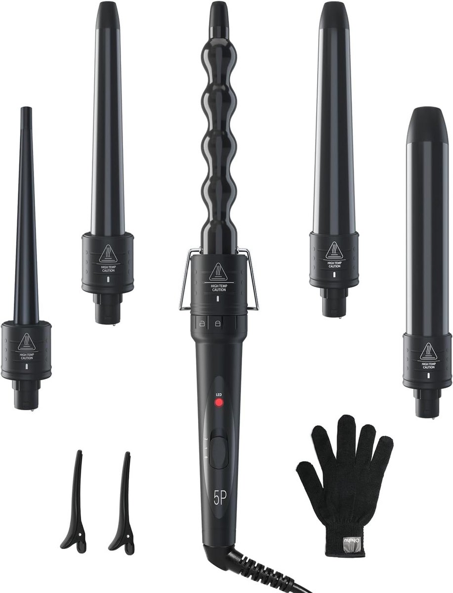 5-in-1 Krultang Set - Multifunctionele Keramische Krulspelden met Verwisselbare Golf en Hittebestendige Handschoen