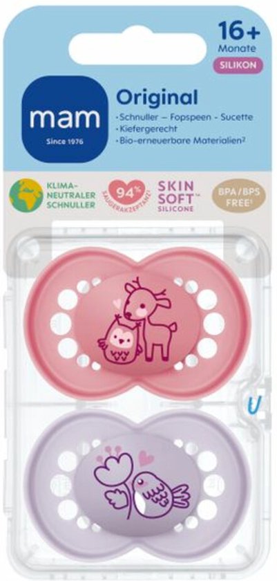 Twee MAM fopspenen, één roze en één paars, met afbeeldingen van dieren. Geschikt voor 16+ maanden.