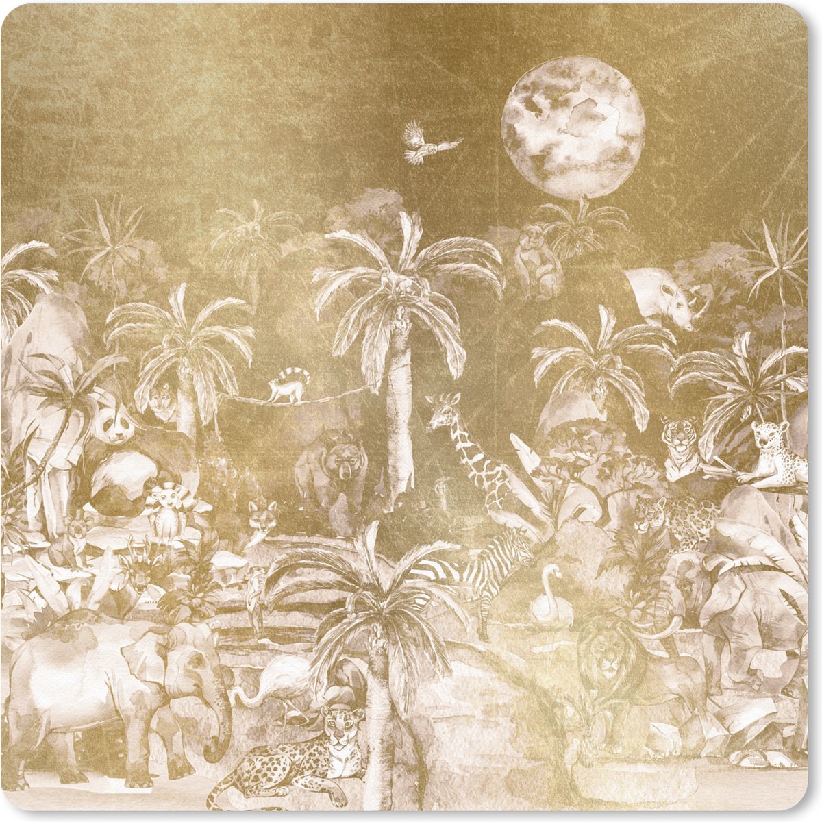 Muismat 20x20 cm - Mousepad Jungle - Goud - Kinderen - Planten - Dieren - Muismatten
