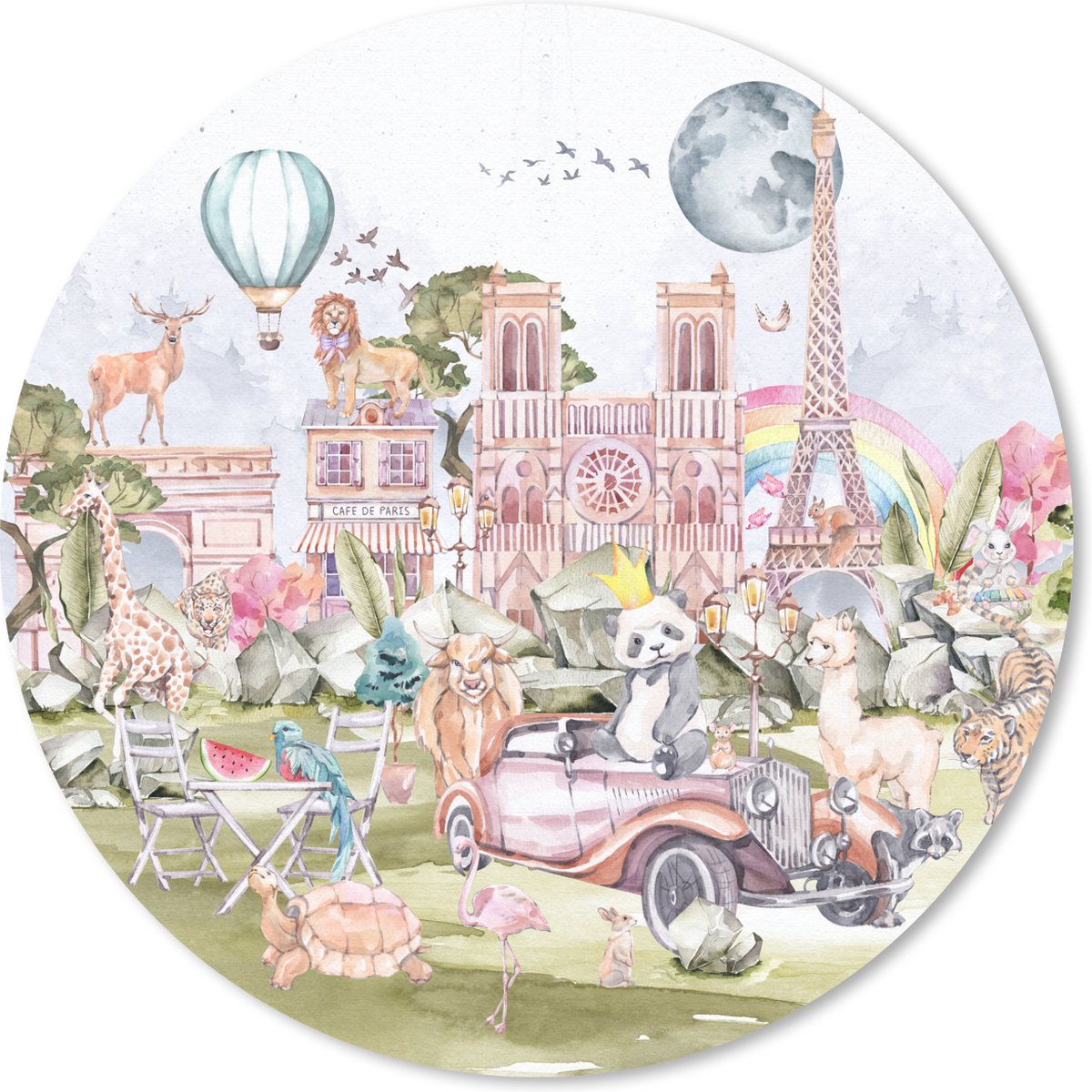 Muismat rond 30x30 cm - Mousepad Parijs - Regenboog - Kinderen - Roze - Meisjes - Dieren - Ronde muismatten