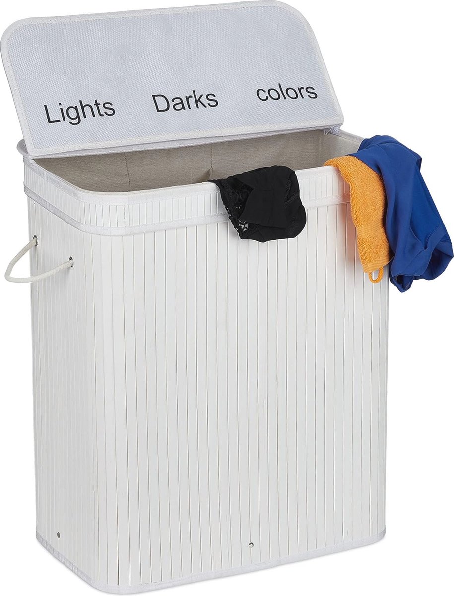 Goedkoopste Lichtgrijze Wasmand van Bamboe met 3 Vakken - Ideaal voor Vuile Was en Opberging