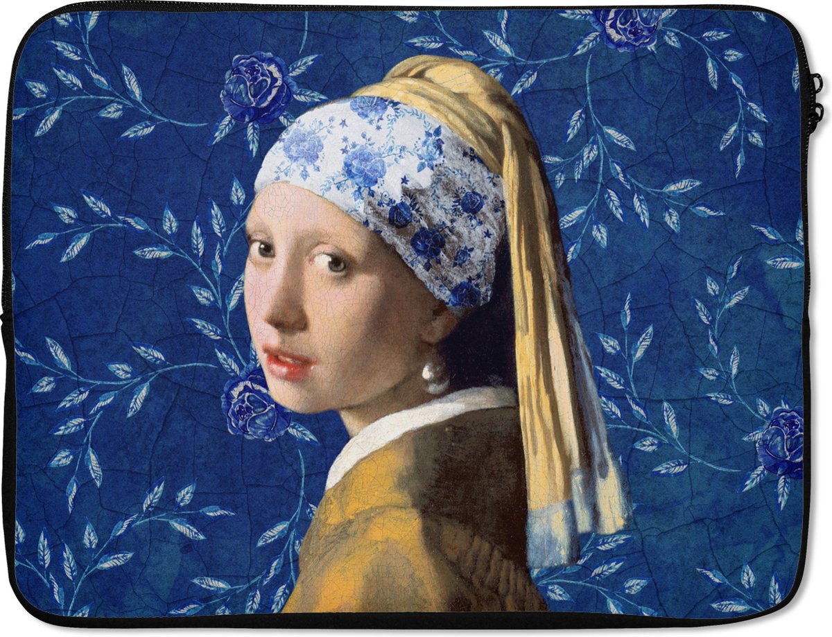 Laptophoes 15.6 inch - Meisje met de parel - Delfts blauw - Vermeer - Bloemen - Schilderij - Oude meesters - Laptop sleeve - Binnenmaat 37x26 cm - Zwarte achterkant