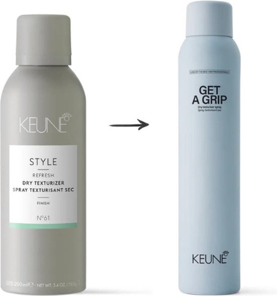 Twee Keune Style producten: een grijze spray met 'Refresh Dry Texturizer' en een lichtblauwe spray met 'Get A Grip'.