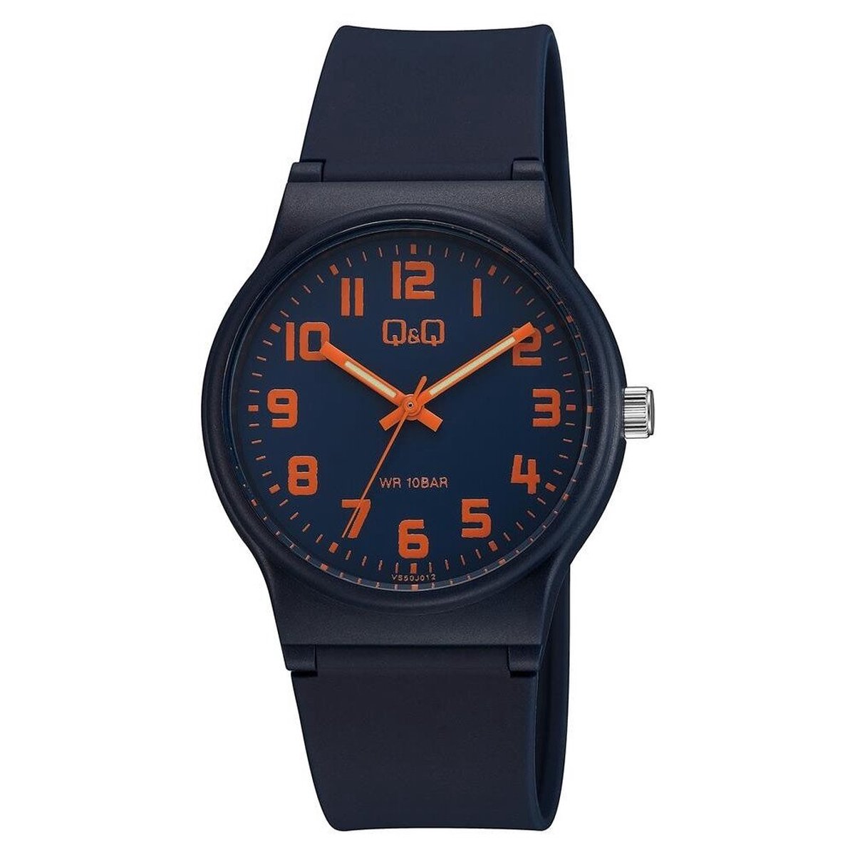 QQ VS50J012Y - Horloge - Sport - Analoog - Unisex - Plastic band - Rond - Cijfers - Kunststof - Donkerblauw - Oranje - 10 ATM