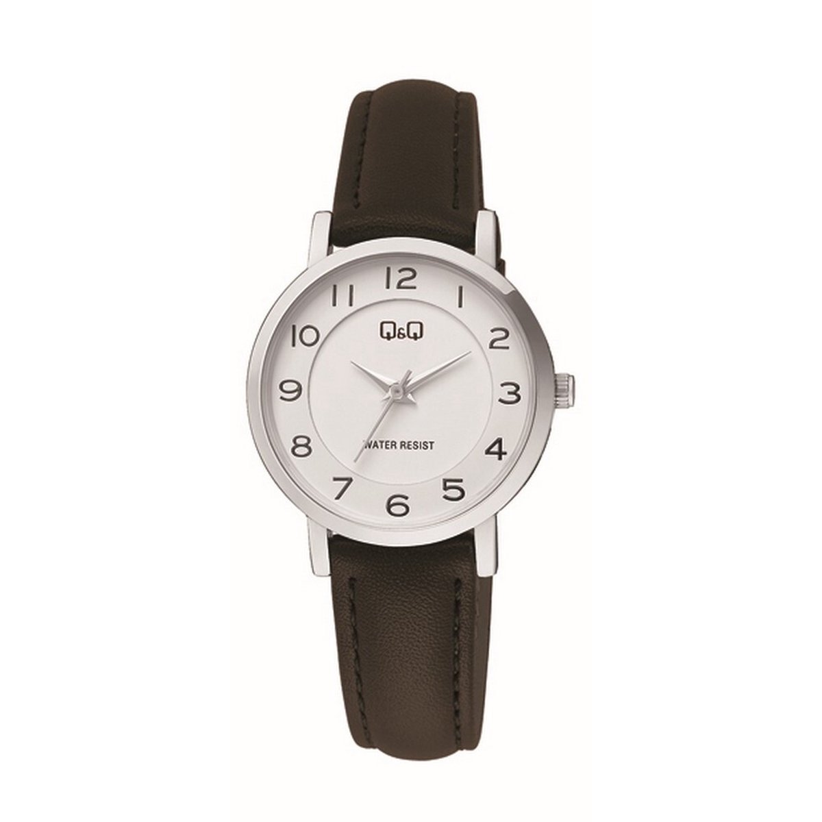 QQ C60A-002PY - Horloge - Analoog - Vrouwen - Dames - Leren band - Rond - Metaal - Cijfers - Zwart - Zilverkleurig - Wit - 3 ATM