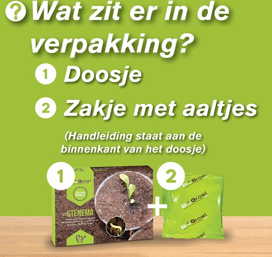 Verpakking "STENEMA" en een groen zakje. Tekst "Wat zit er in de verpakking?".