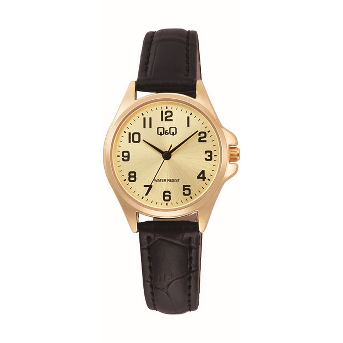 QQ C37A-011PY - Horloge - Analoog - Dames - Vrouwen - Leren band - Rond - Metaal - Cijfers - Zwart - Goudkleurig