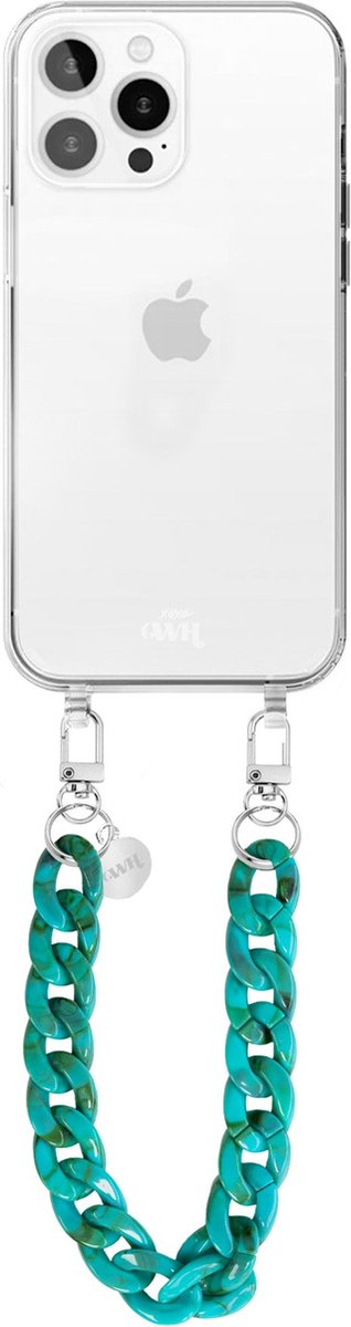 xoxo Wildhearts siliconen hoesje - Geschikt voor iPhone 16 Pro Max - Blue Ocean - Kort Koord - Telefoonhoesje - Hoesje met koord - telefoonkoord - Transparant hoesje - Kort blauw koord