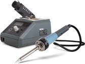 Velleman VTSCS30N soldeerstation met temperatuurregeling en soldeerbout met blauw handvat.