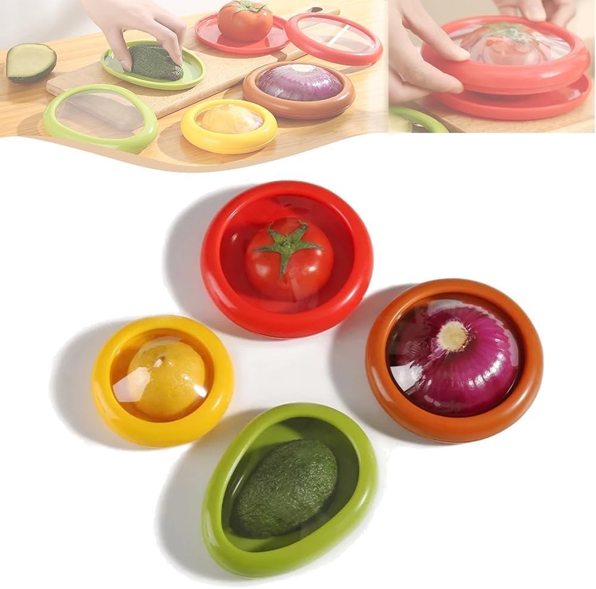 4 stuks--Vershouddozen met rekbaar deksel-citroen Saver - tomaat Saver - avocado Saver -Onion Saver - luchtdicht - langdurige opslag van groente - Herbruikbare - set voor koelkast