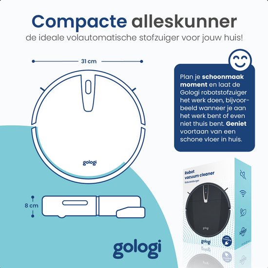 Schema van een Gologi robotstofzuiger met afmetingen van 31 cm breed en 8 cm hoog, naast een doos met dezelfde robot, en informatie over het geautomatiseerde reinigingsproces.
