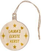 Boule de Noël en bois plate personnalisée avec nom + premier Noël. Imprimé des deux côtés avec Goud Gloss