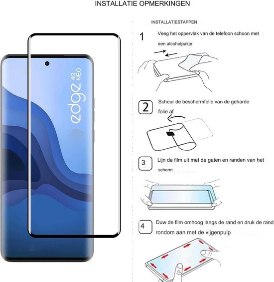 Schermprotector voor Motorola Edge 40 Neo, met installatie-instructies.