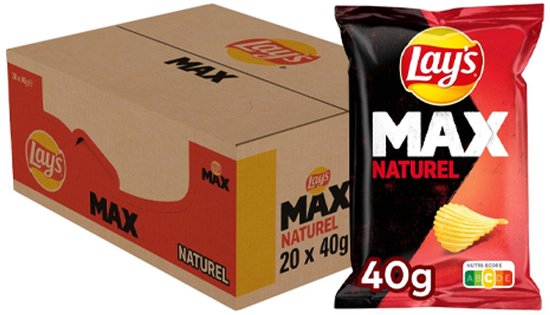 Lay's MAX Naturel, kartonnen doos met 20 zakken van 40g en één zak Lay's MAX Naturel, 40g.