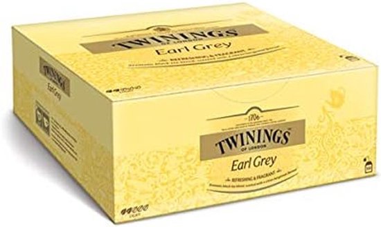Gele displaydoos Twinings Earl Grey thee, 100 zakjes, met gouden opdruk.
