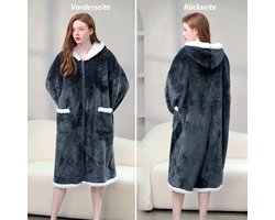 foto van Hoodie Deken - Fleece Deken - Blanket met Mouwen en Capuchon – Dames & Heren - Sherpa Fleece – TV Deken - Bank Deken - 110 cm - Donkergrijs