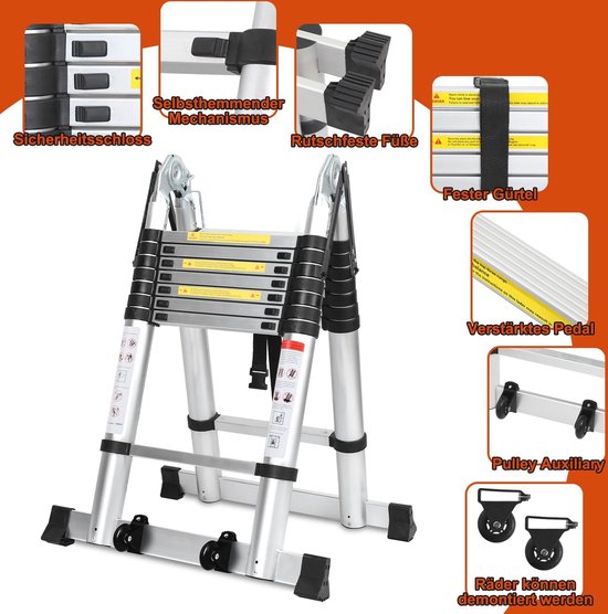 Zilveren telescopische ladder met details van het vergrendelingsmechanisme, antislipvoeten, verstevigde pedalen en optionele wielen.