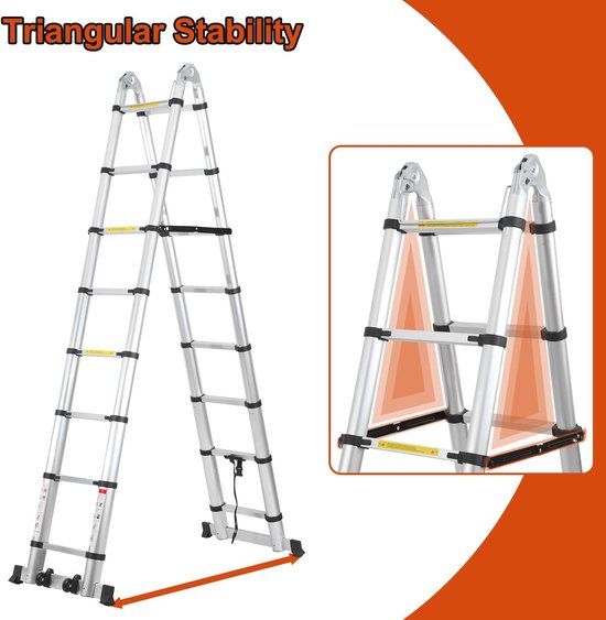 Zilveren telescopische ladder in A-vorm met een ingeklapte close-up die de driehoekige stabiliteit toont.