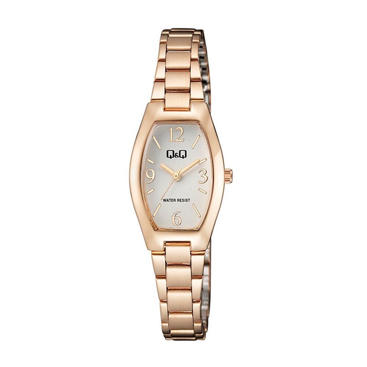QQ Q06A-003PY - Horloge - Analoog - Vrouwen - Dames - Stalen band - Ovaal - Metaal - Cijfers - Streepjes - Rosékleurig - Wit