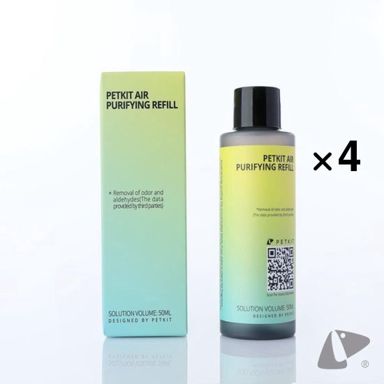 Doosje en flesje PETKIT AIR PURIFYING REFILL, met "x4" aanduiding. Vloeistofvolume: 50ML.