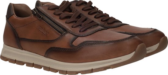 Bruine leren sneaker, zijaanzicht, met veters en ritssluiting.