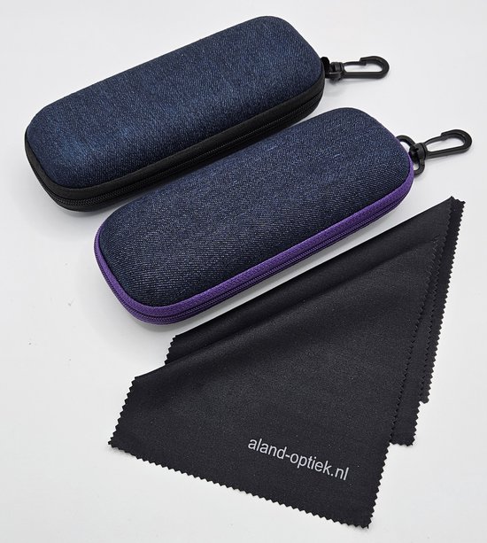 2 halfharde brillenkokers + 2 brillendoekjes / denim brillenkoker met rits / denim / zwart / paars / set van 2 brillendozen / cadeau / boîte de rangement / hard jeans koker / Aland optiek