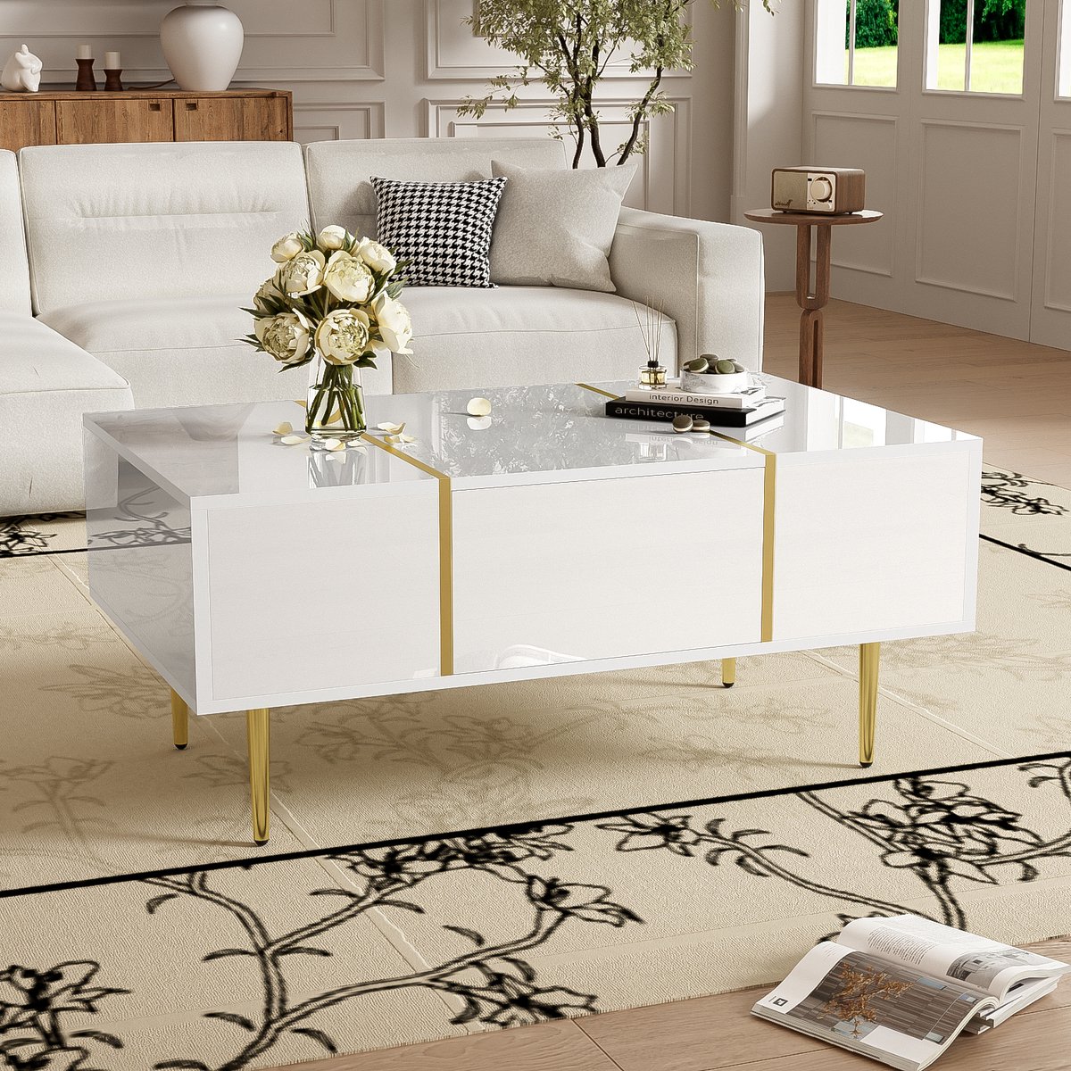 Gutent Salontafel, Wit met Gouden poten, Hoogglans salontafel met 2 laden, Veel opbergruimte, modern minimalistisch