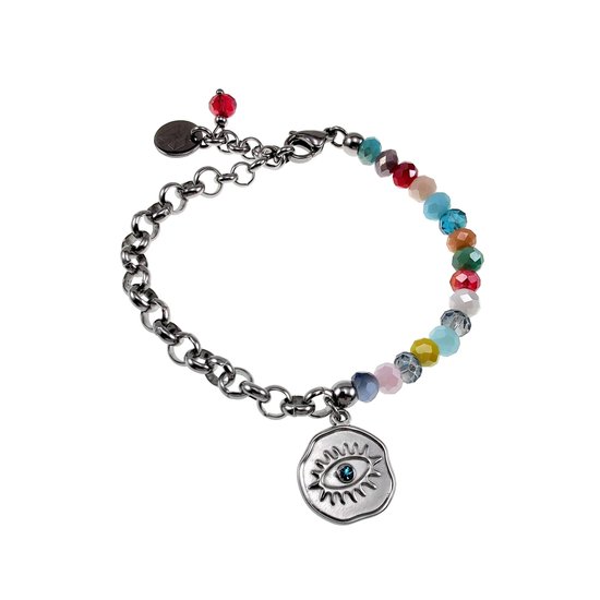Bracelet Femme 16 à 19 cm - Acier inoxydable - Bracelets à maillons avec cristaux colorés - Bracelet avec pendentif oeil rond - Ajustable