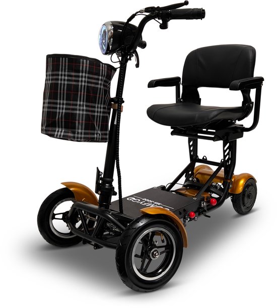 Gouden opvouwbare scootmobiel met vier wielen, zwarte zitting, mandje en koplamp.