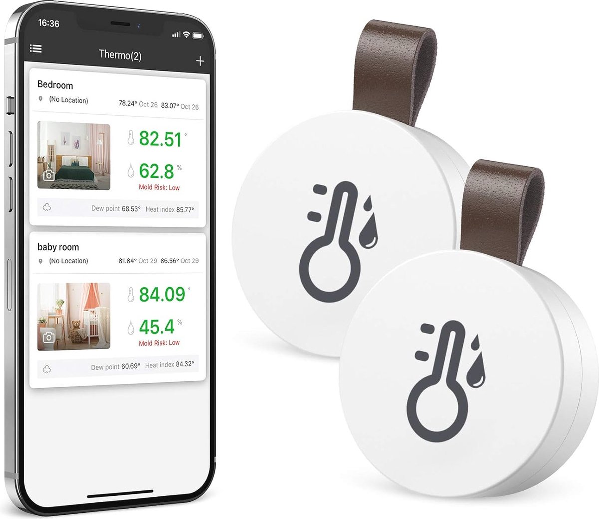 Draadloze thermometer-hygrometer met app-bediening en gegevensopslag voor thuis en garage